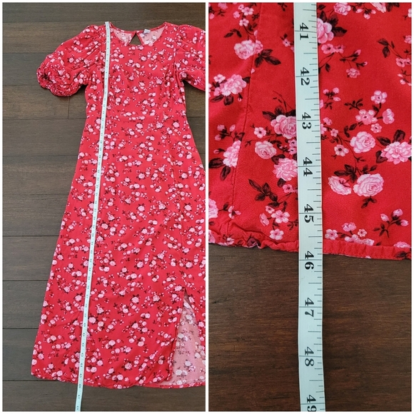 Old Navy Puff Sleeve Red Floral Maxi Dress Women's XS Ruched Back Spring Summer - Picture 13 of 14